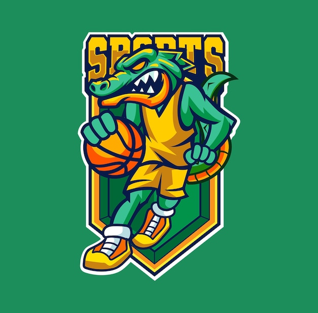 Illustrazione vettoriale della mascotte del coccodrillo con la posa di pallacanestro per la squadra sportiva
