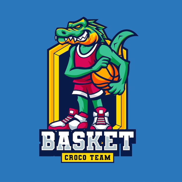 スポーツ チームのバスケット ボール ポーズとワニのマスコットのベクトル イラスト