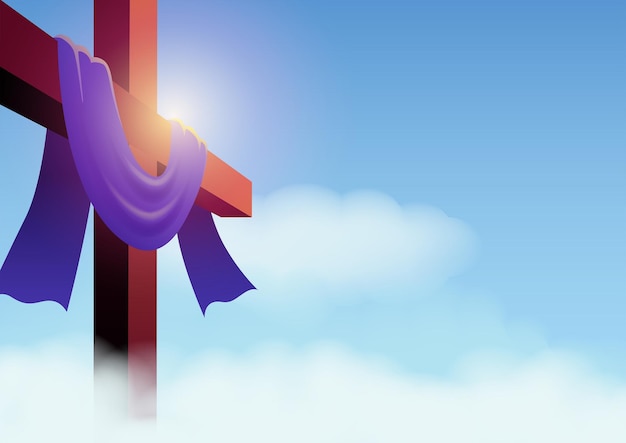 Vector vector illustration of a cross with purple sash on cloudscape