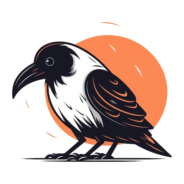 Vector illustration of a crow with orange sun on the background Side view