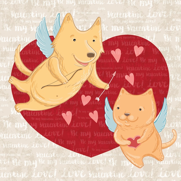 Vettore illustrazione vettoriale di cupido cane e gatto, saluto san valentino. modello per biglietti di auguri.