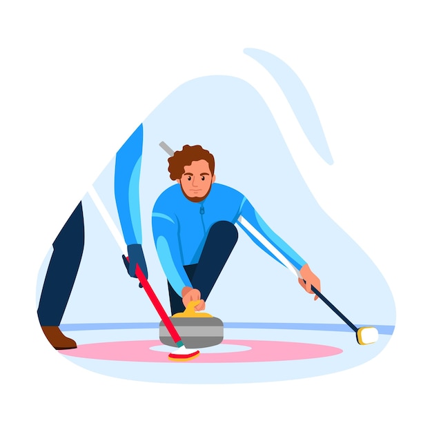 Vector illustration of curling game Cartoon scene with a man playing curling on the ice and launching the puck with the help of brushes to the target isolated on a white A game on ice between teams