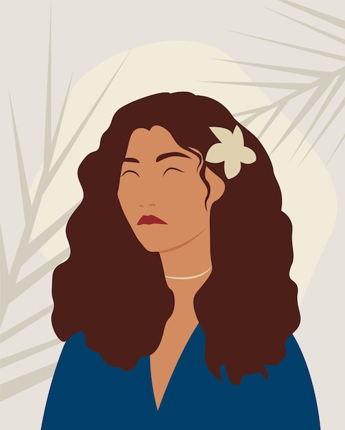 Vector illustration of a curlyhaired girl on a tropical background