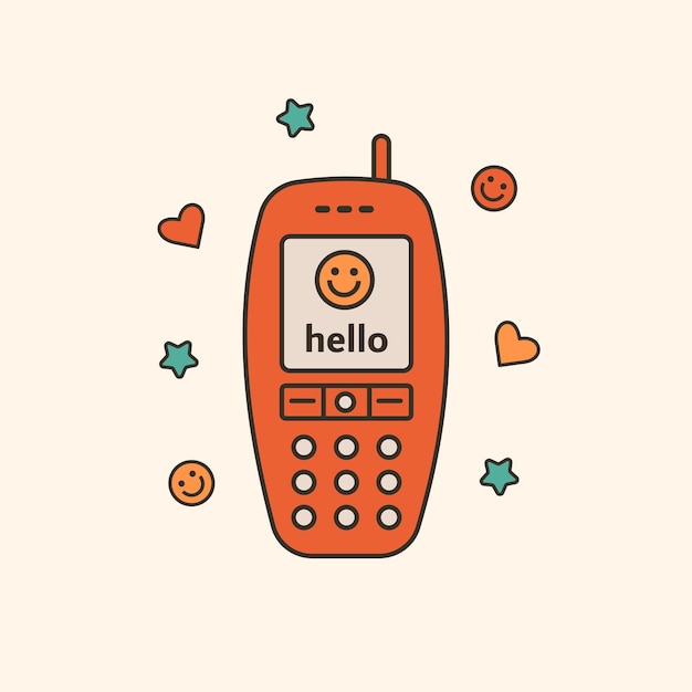 Vector illustration of cute 90s 2000s electronic mobile phone Cartoon cellphone with smiling face