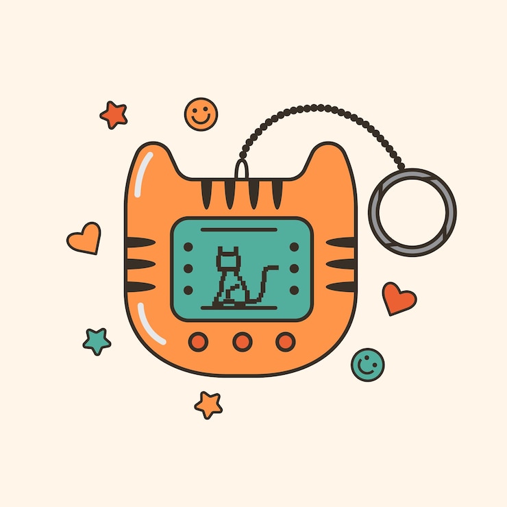 Vector vector illustration of cute 90s electronic game with pixel pet cartoon gadget for kids