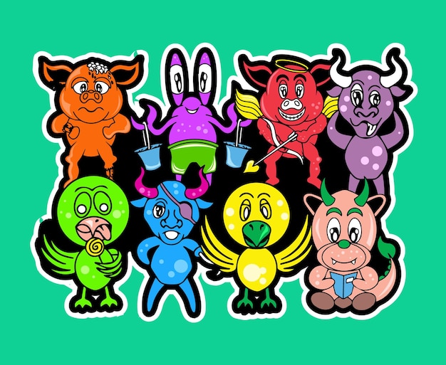 Illustrazione vettoriale di simpatici animali doodle sticker design