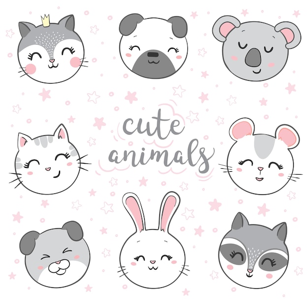 Vector illustration of cute animal set .