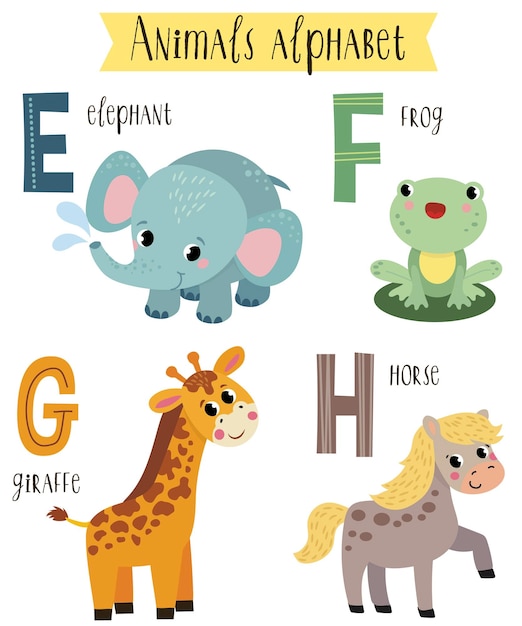 Vector vector illustration of cute animals from e to h children's alphabet in pictures