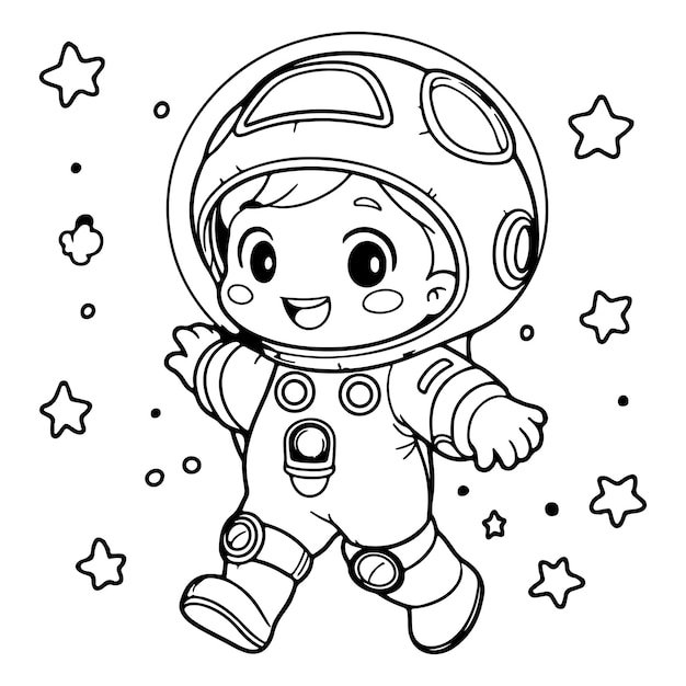 Векторная иллюстрация милого космонавта со звездами вокруг него, раскраска для детей