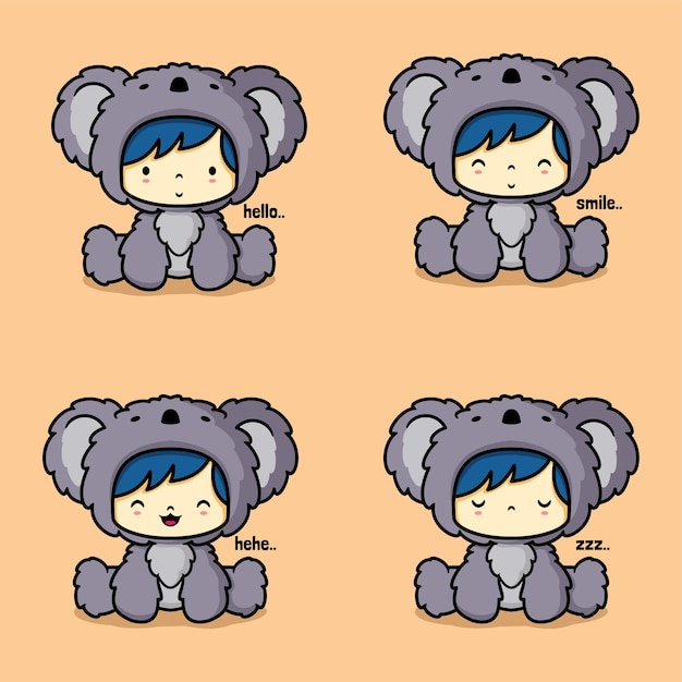 vector illustration of cute baby boy emoji wearing koala costume