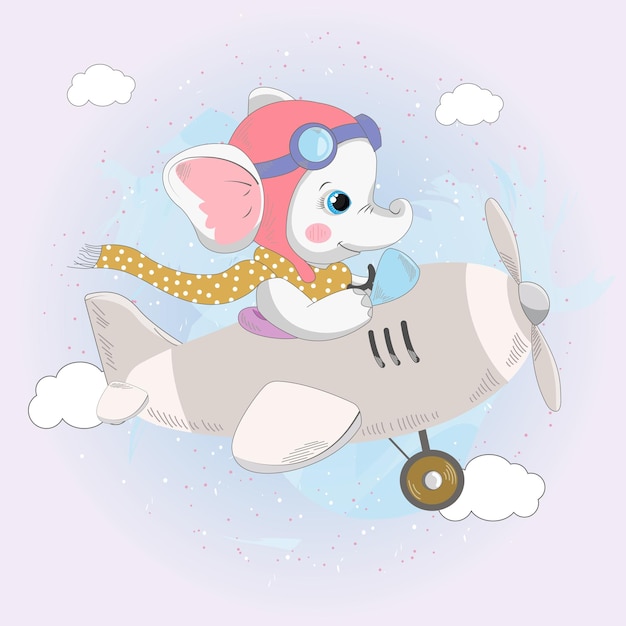 Vettore illustrazione vettoriale di un simpatico elefantino che vola su un aereo