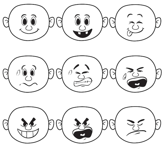 Vector vector illustration of cute baby face expressions in simple black and white doodle style