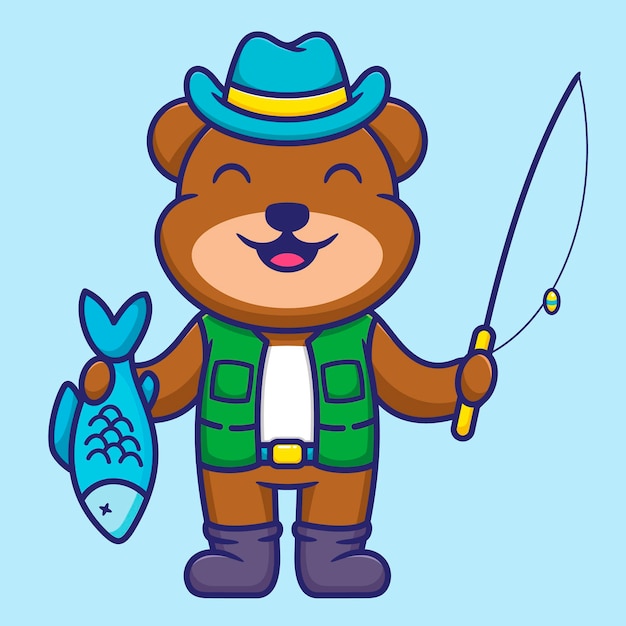 Векторная иллюстрация милого медведя, ловящего рыбу в синей шляпе и держащего рыбу в мультяшном плоском стиле