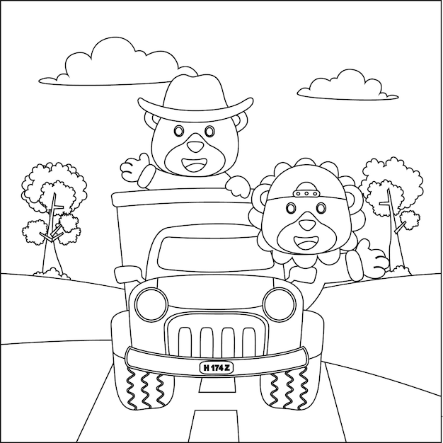 Vector illustration of cute bear and lion on a road trip truck colouring book or page