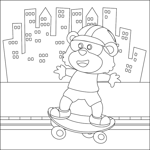 스케이트 보드에 있는 귀여운 곰의 벡터 그림 격리된 벡터 색칠하기 책 또는 페이지 만화