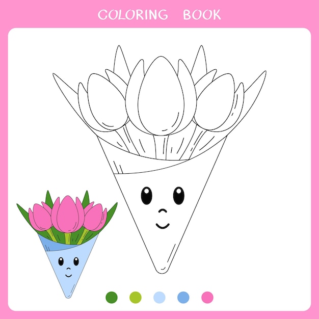 Векторная иллюстрация милого букета тюльпанов для раскраски