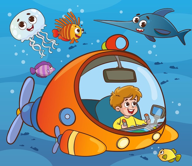 vector illustration cute boy driving submarine