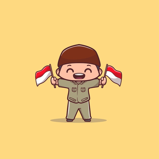 Illustrazione vettoriale di ragazzo carino che tiene due bandiere indonesiane con vestiti da eroe