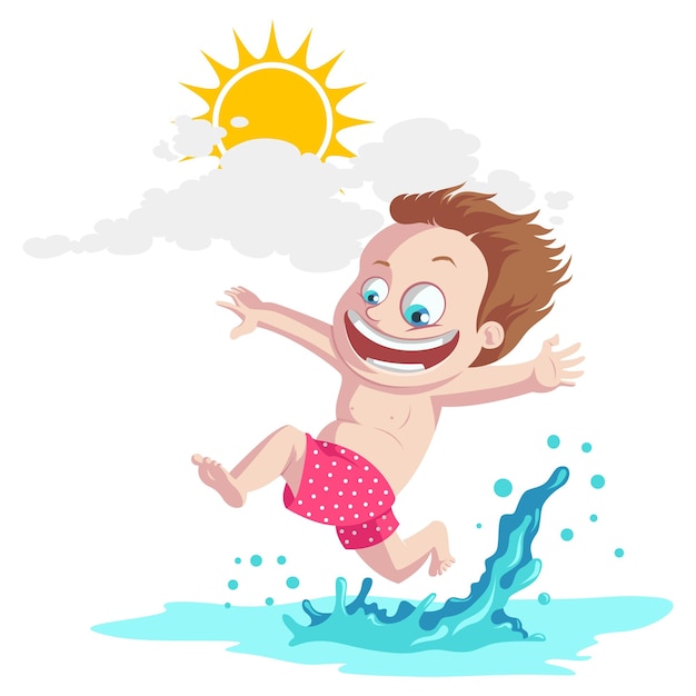 ビーチで水にジャンプするかわいい男の子のベクトル図