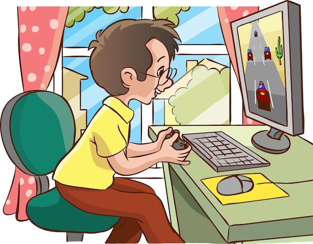 vector illustration of cute boy playing game on computer