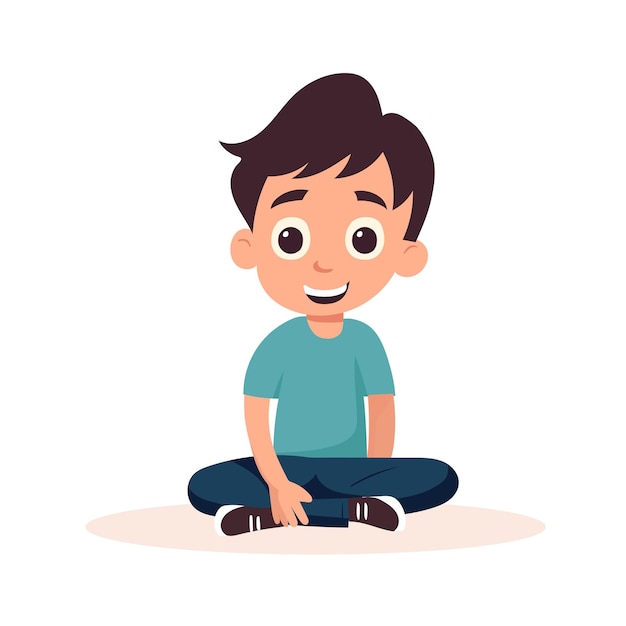 Векторная иллюстрация милого мальчика, сидящего на полу Счастливый мультяшный персонаж Счастливый улыбающийся мальчик на белом фоне