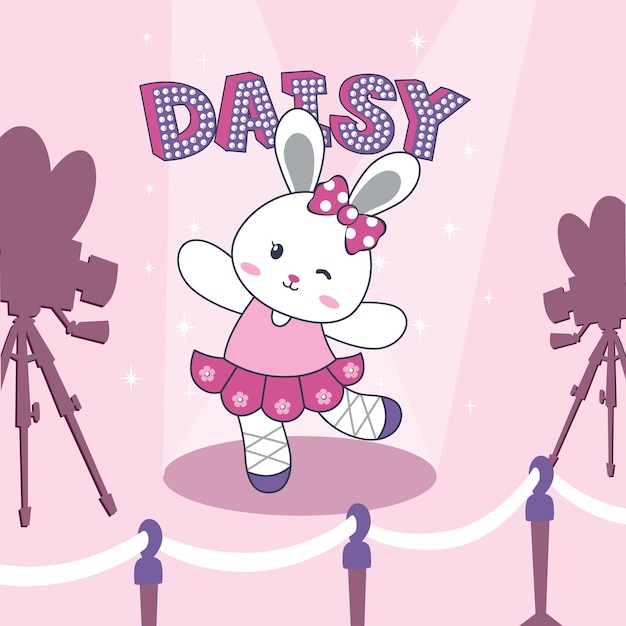 Vector vector illustration of a cute bunny in a pink dress dancing