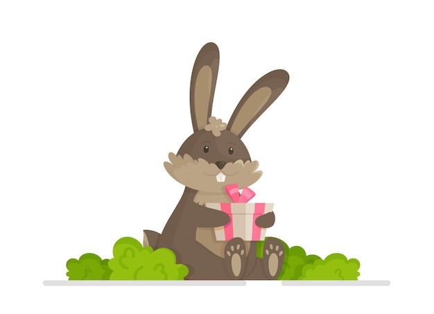 Векторная иллюстрация милого кролика, сидящего в кустах