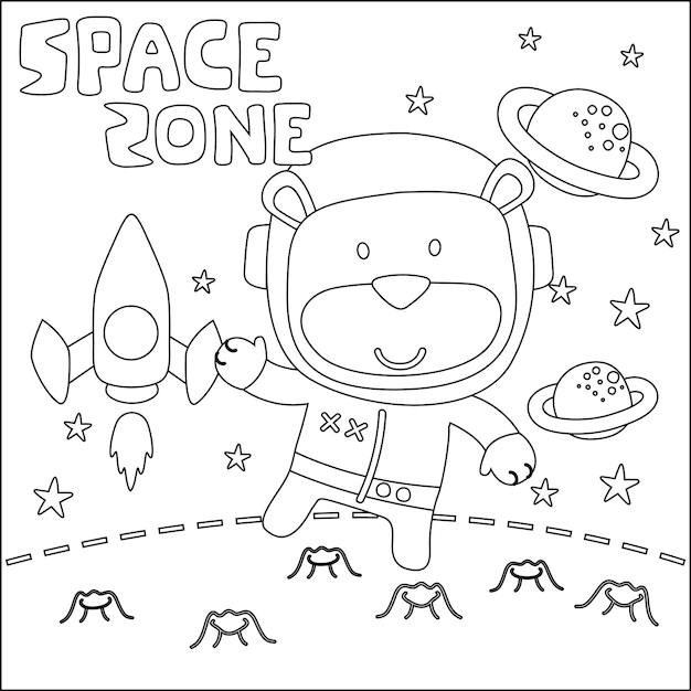 Vector illustration of cute cartoon astronauts little animal in space colouring book or page