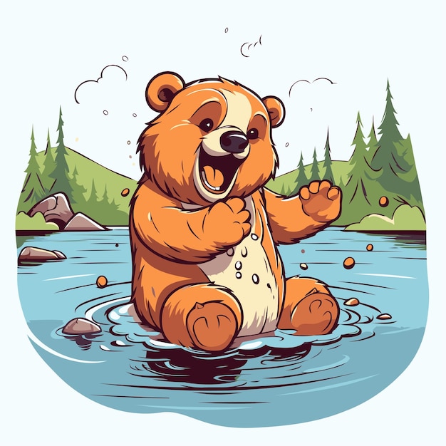 Vector vector illustration of a cute cartoon bear in the water vector illustration