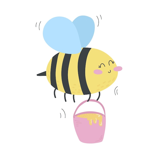 Vector vector illustration of a cute cartoon bee with a pot of honey