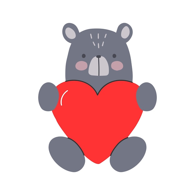 Vector illustration of cute cartoon brown teddy bear character with red hearts for love