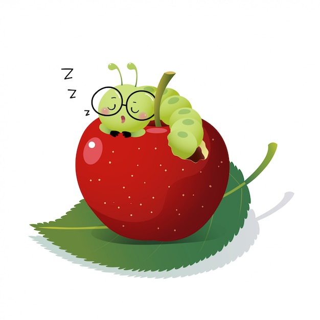 Vector illustration cute cartoon caterpillar wearing glasses and sleeping on an apple.