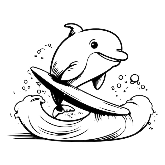 Vector vector illustration of a cute cartoon dolphin jumping out of a surfboard