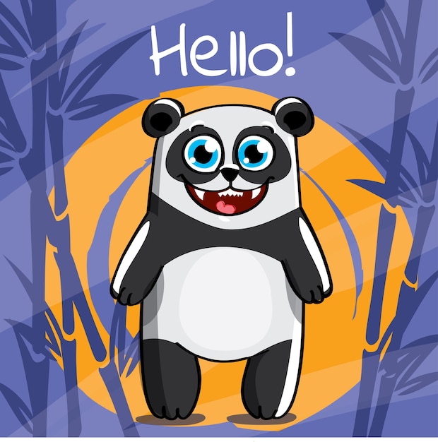 Vector illustration of cute cartoon hapy fun panda. greeting card, postcard. hello.