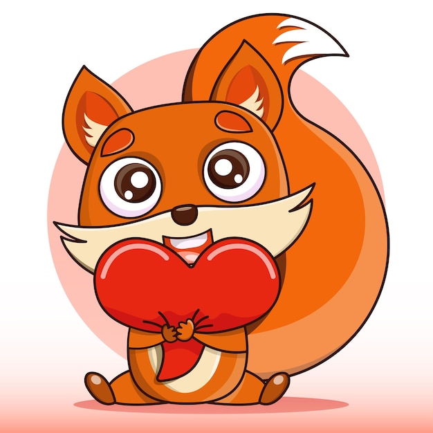 Vector illustration of a cute cartoon little fox cub hugging with a heart Nice funny joyful fox