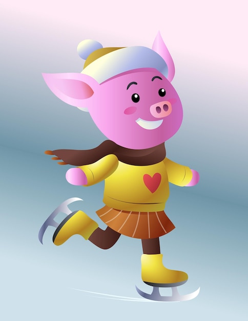 vector illustration of cute cartoon pig wearing winter chlothes ice skating in the snow