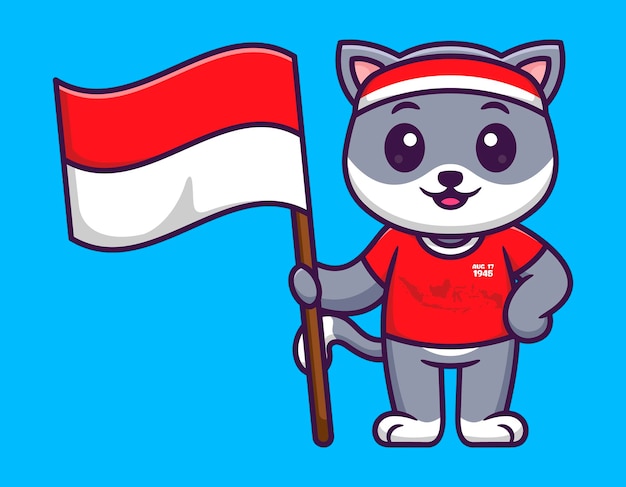 Vector Illustration of Cute Cat Wearing Red T-Shirt and Holding the Indonesian Flags in Flat Cartoon