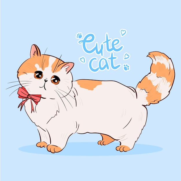 Vector vector illustration of a cute cat with a bow on a light background