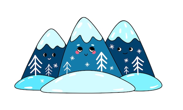 Vector illustration of cute characters mountains Cute winter illustration of cartoon mountains