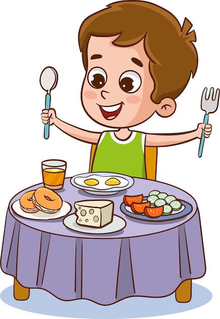 Vector vector illustration of cute children having breakfast