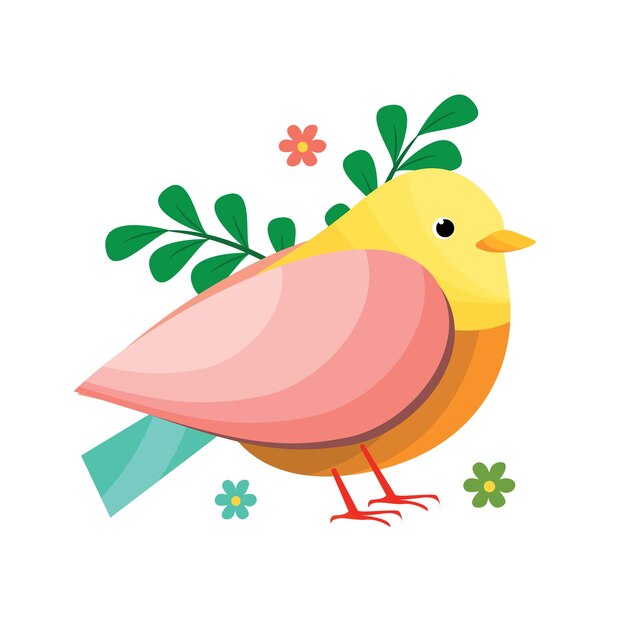 Vector illustration of cute and colorful spring bird with spring plants and flowers