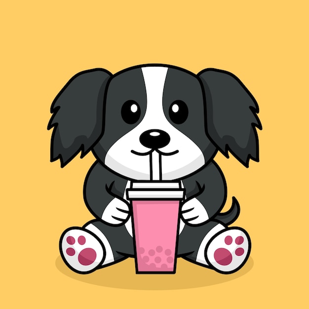 Vector vector illustration of cute dog premium drinking boba