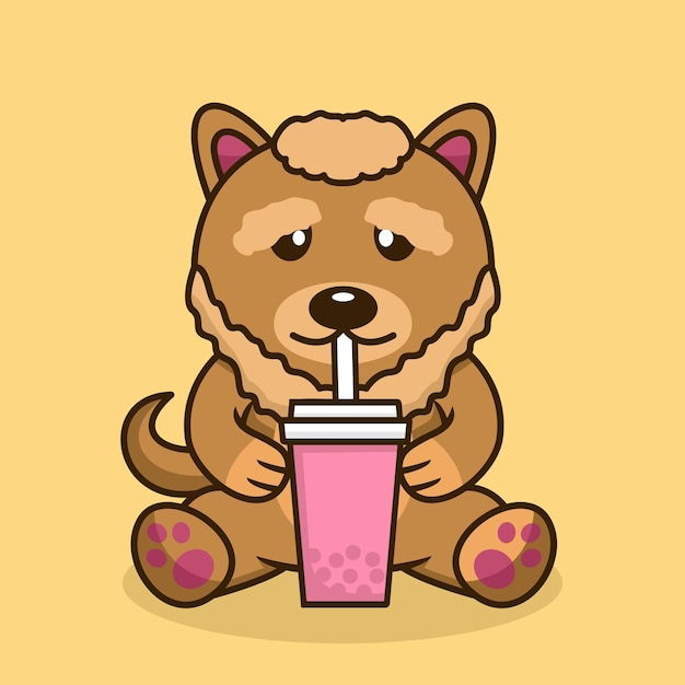 Vector vector illustration of cute dog premium drinking boba