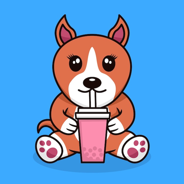 Vector vector illustration of cute dog premium drinking boba
