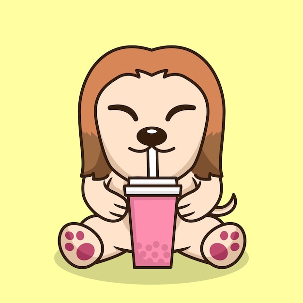 Vector vector illustration of cute dog premium drinking boba