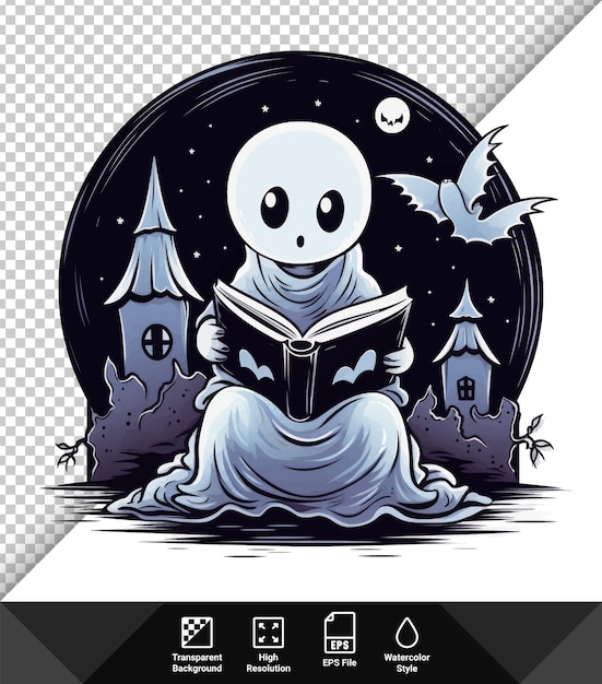 Vettore illustrazione vettoriale simpatico fantasma doodle che legge un libro
