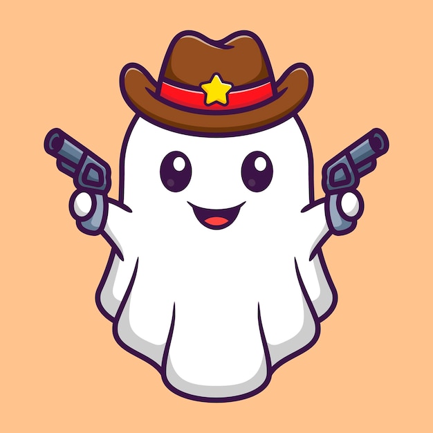 Vector vector illustration of cute ghost wearing cowboy hat and holding revolver gun in cartoon flat style