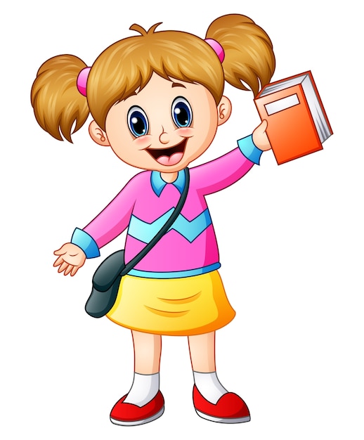 Vector vector illustration of cute girl go to school holding a book