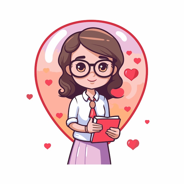 Vector illustration of a cute girl holding a book in the shape of a heart