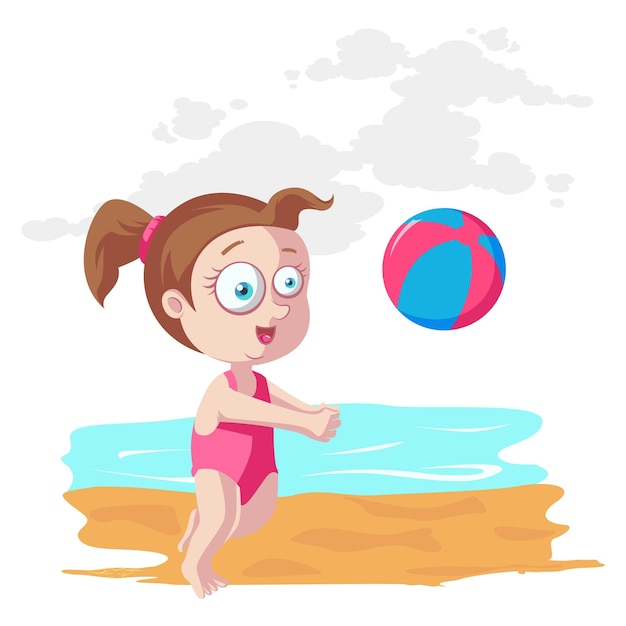 Illustrazione vettoriale di ragazza carina che gioca sulla spiaggia